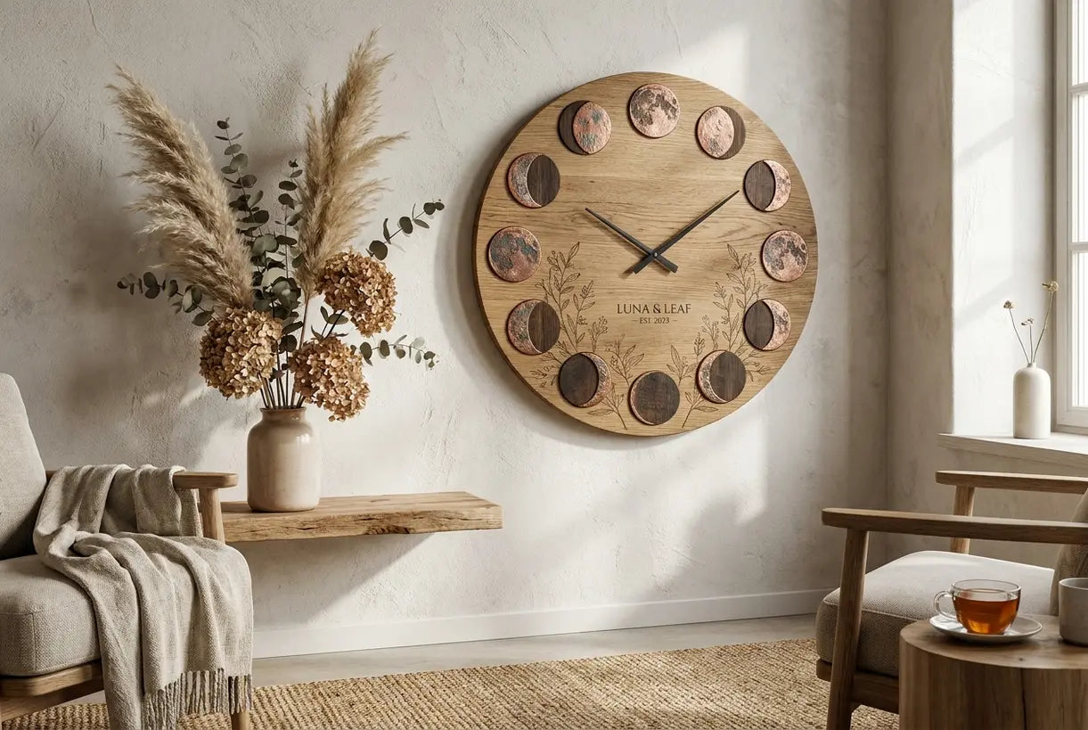 Nature-inspired wall clock in Scandinavian organic interior with botanical decor