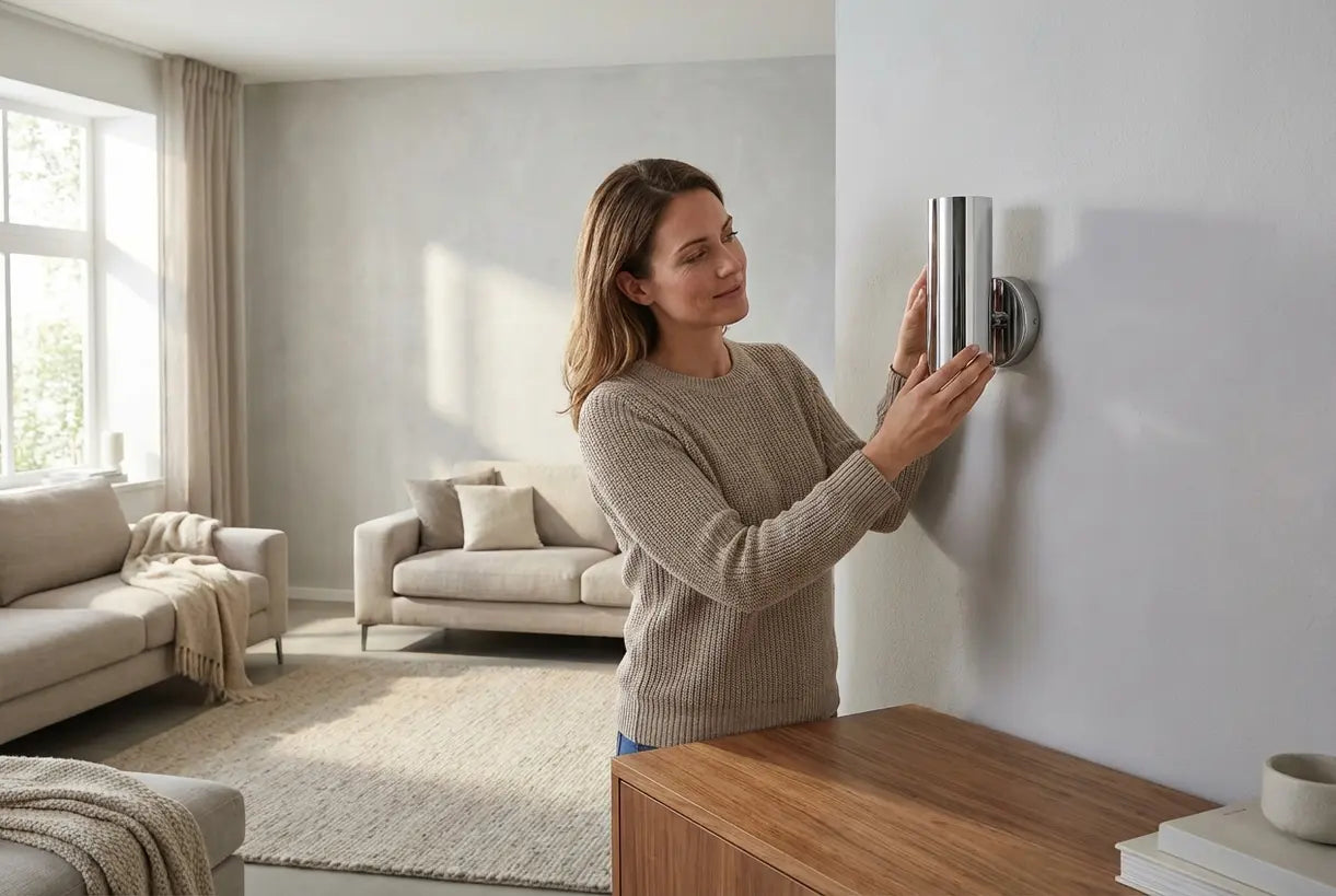 Eigentijdse woonkamer met chromen wandlampen en Scandinavisch interieurontwerp