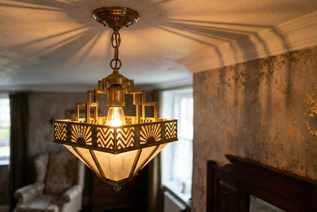 Detail van geometrische messing art deco hanglamp met hoekige patronen