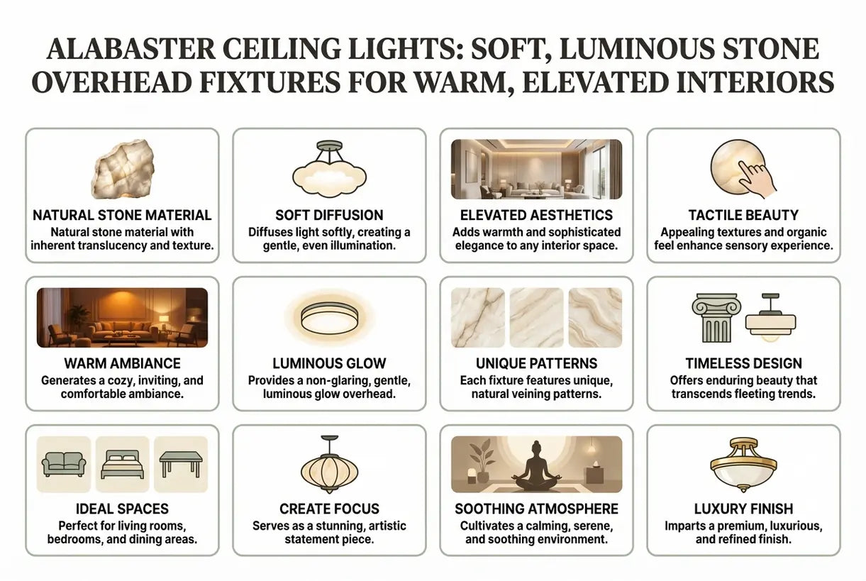 Alabaster Plafondlampen: Zachte, Lichtgevende Stenen Plafondarmaturen voor Warme, Verfijnde Interieurs - infographic