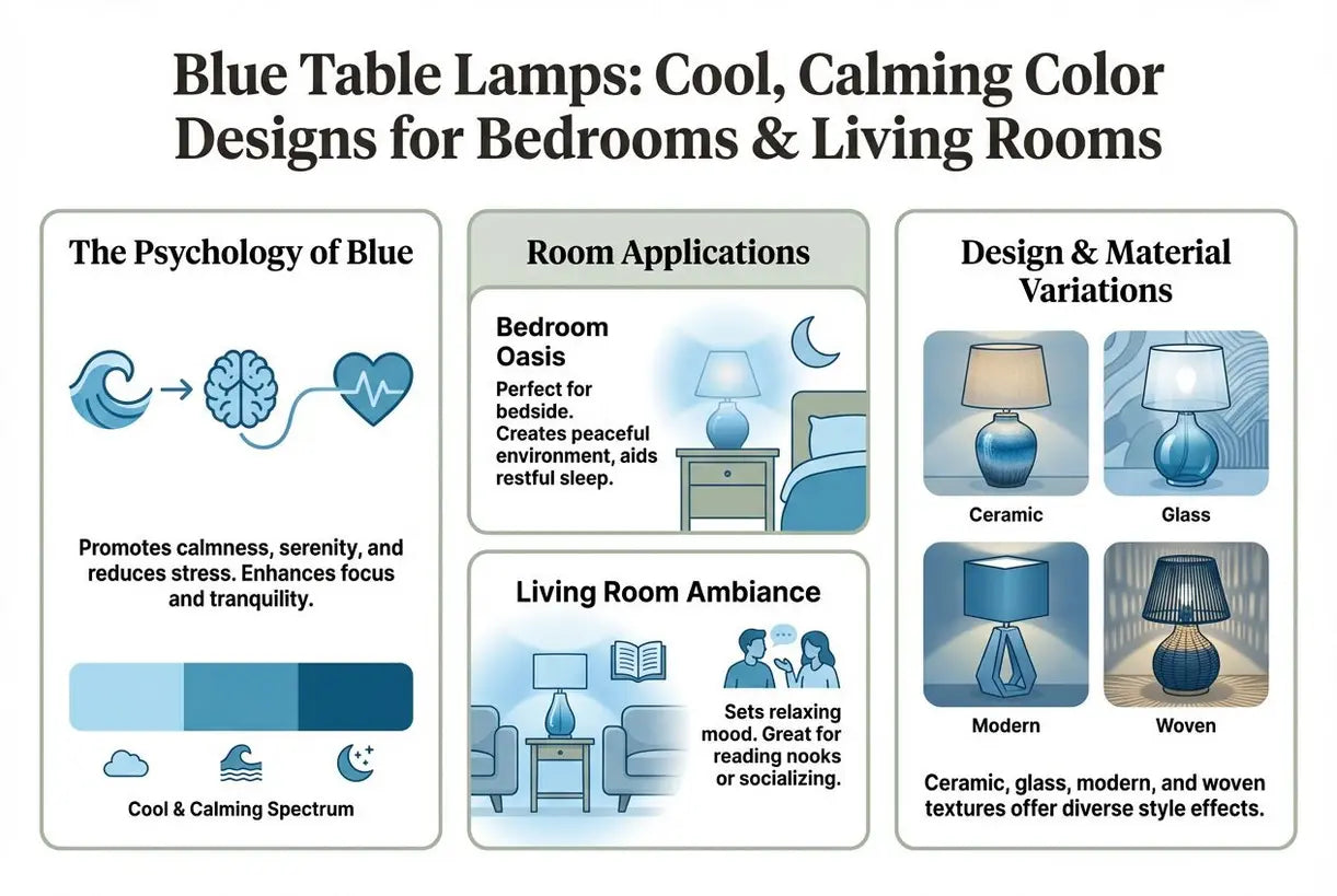 Blauwe tafellampen: koele, rustgevende kleuren voor slaapkamer en woonkamer - infographic