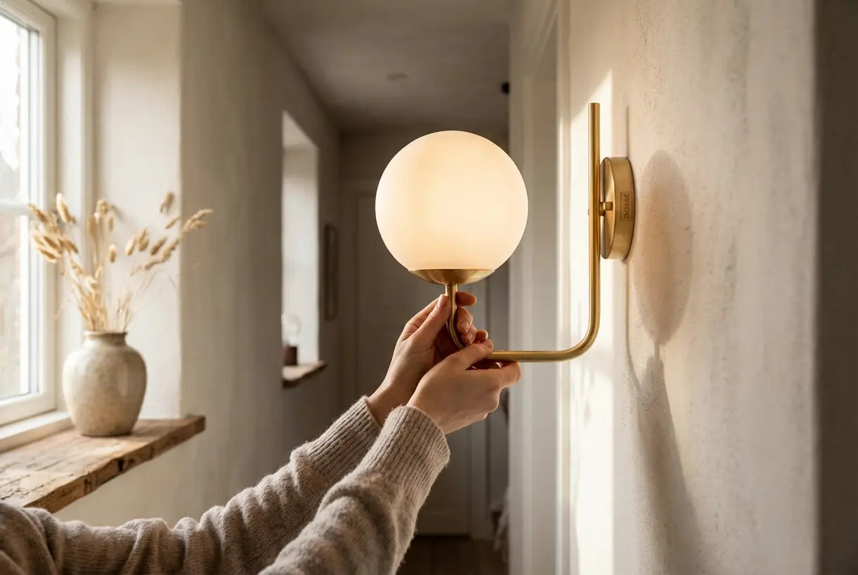 Close-up van een Scandinavische messing wandlamp die wordt aangepast in een smalle gang