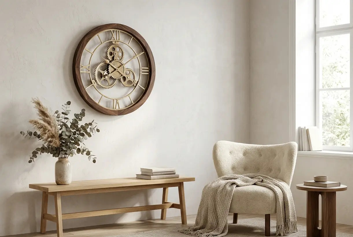 Scandinavisch interieur met elegante mechanische wandklok met blootliggende tandwielen en messing details