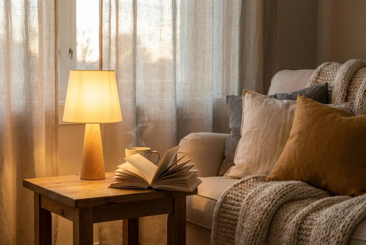 Scandinavische leeshoek met draadloze oplaadbare lamp op bijzettafel die een gezellige hygge-sfeer creëert