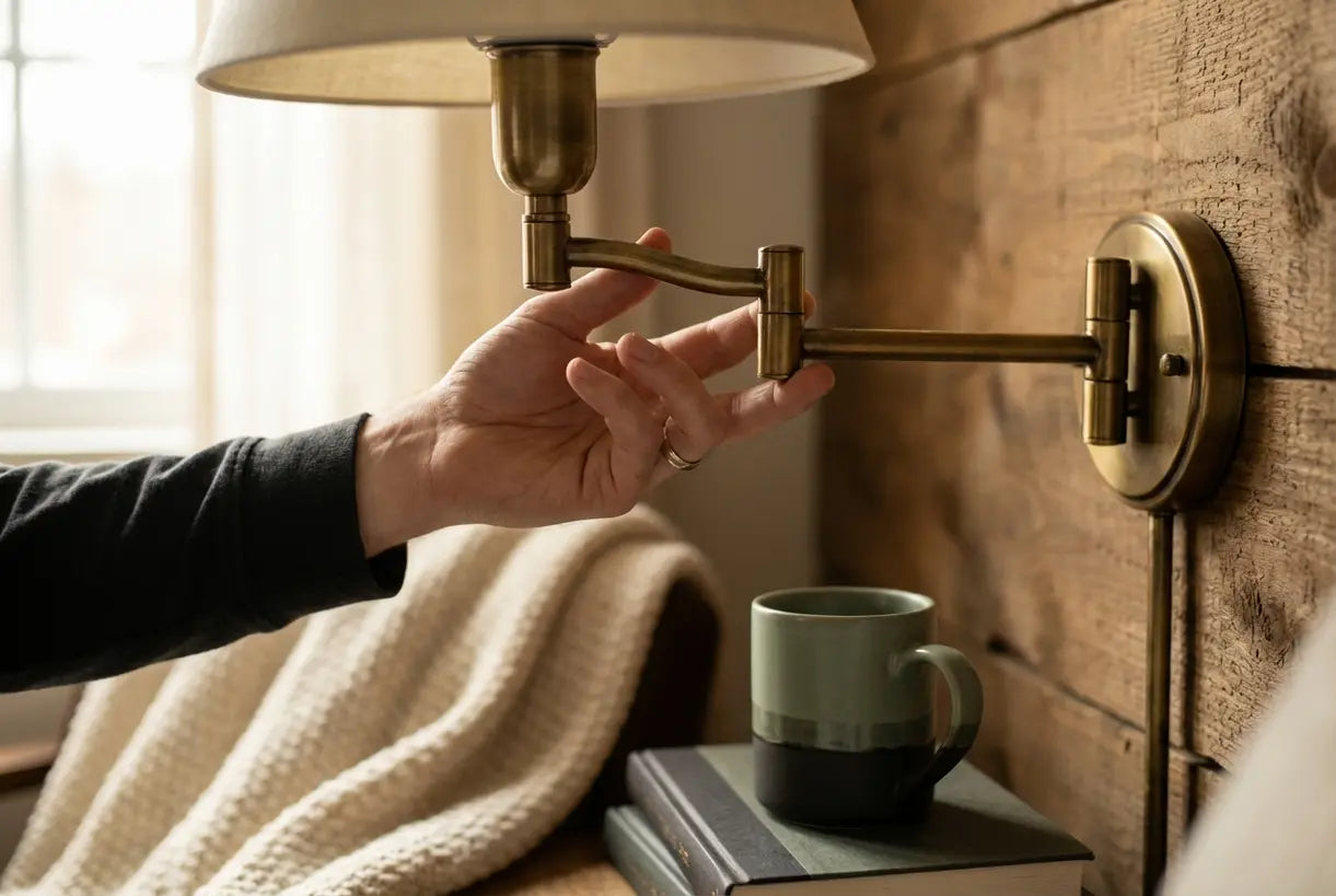 Hand adjusting brass swing arm wall sconce in Scandinavian reading nook