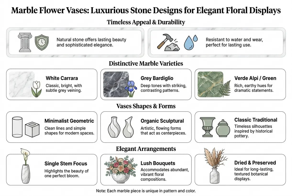 Marmor-Blumenvasen: Luxuriöse Steindesigns für elegante Blumenarrangements – Infografik