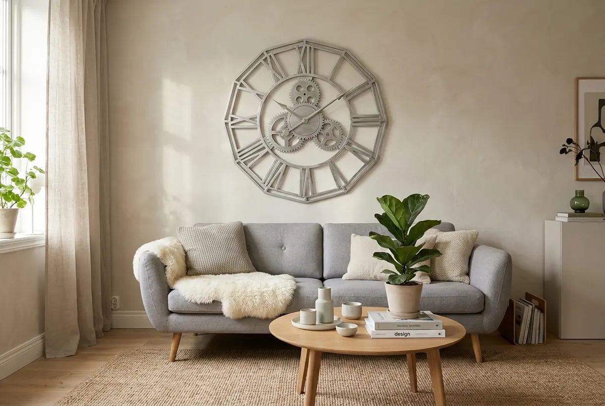 Skandinavisches Wohnzimmer mit geometrischer Metallwanduhr als Blickfang