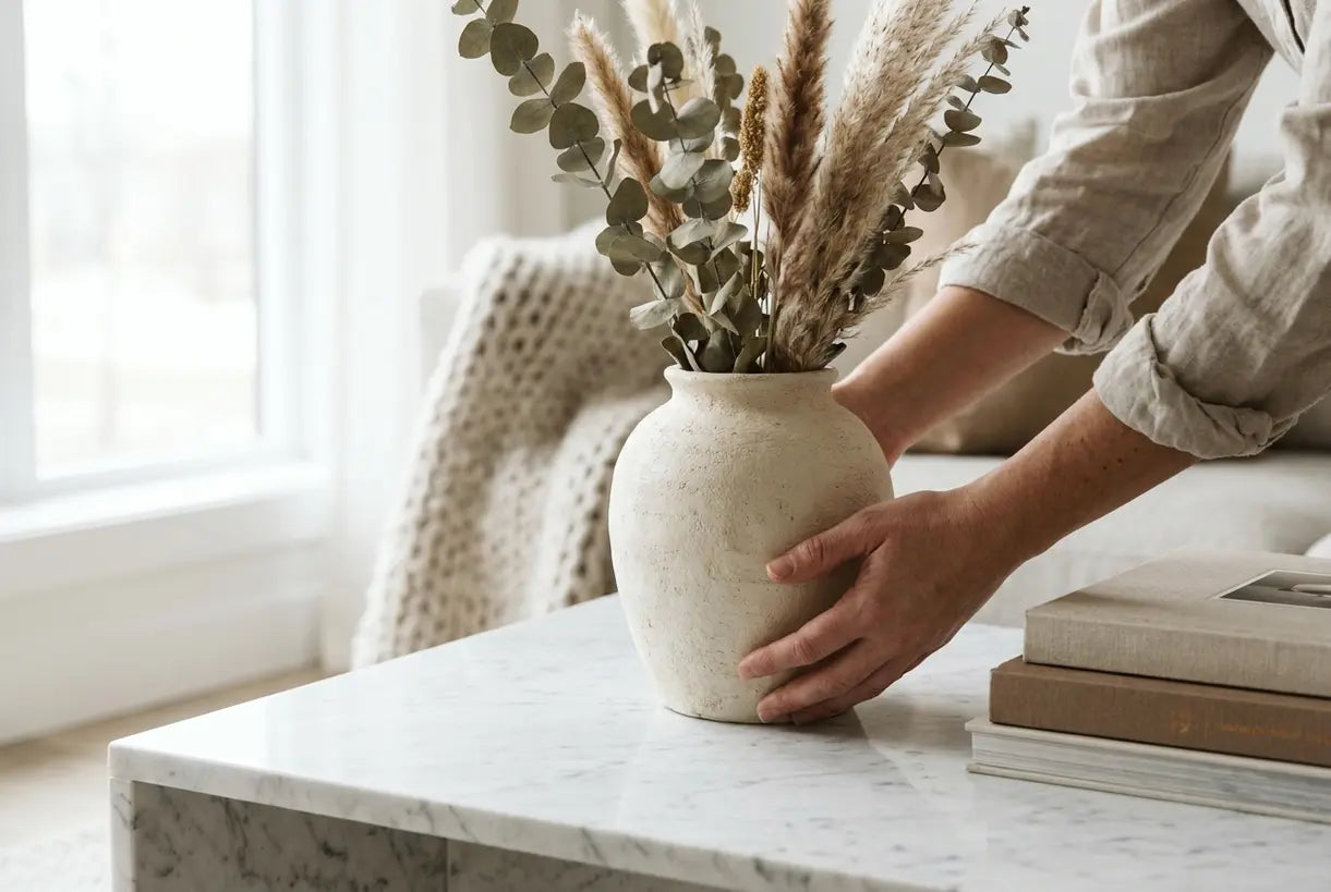 Close-up of hands styling ceramic vase with dried botanicals in modern living room decor setting