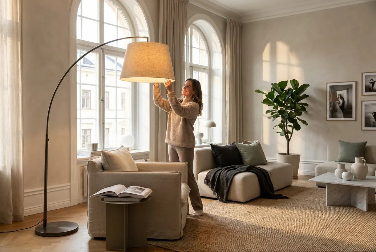 Grote Scandinavische woonkamer met overgedimensioneerde vloerlamp als statementstuk, hoge plafonds, natuurlijk licht