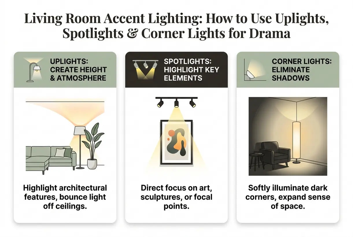 Living Room Accent Lighting: How to Use Uplights, Spotlights & Corner Lights for Drama - infographic