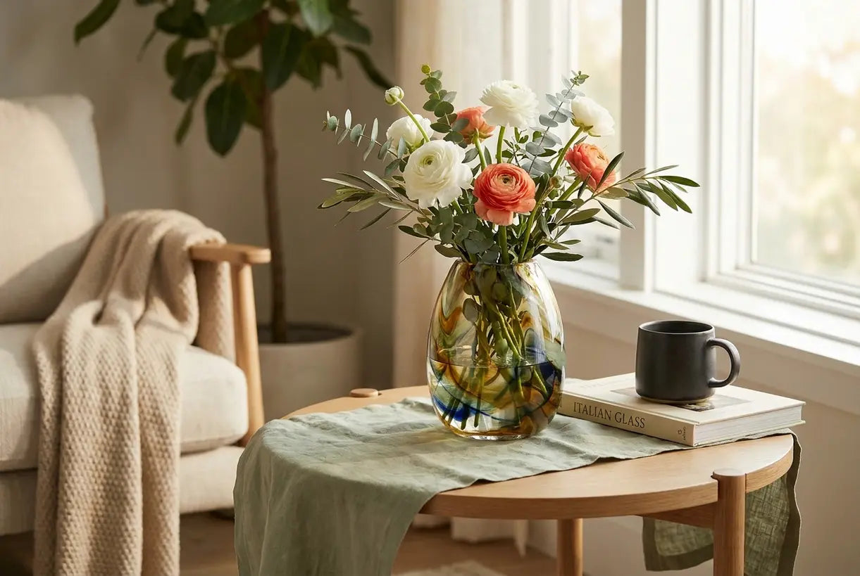 Murano Glas Blumenvase in elegantem skandinavischen Interieur mit frischen Blumen arrangiert