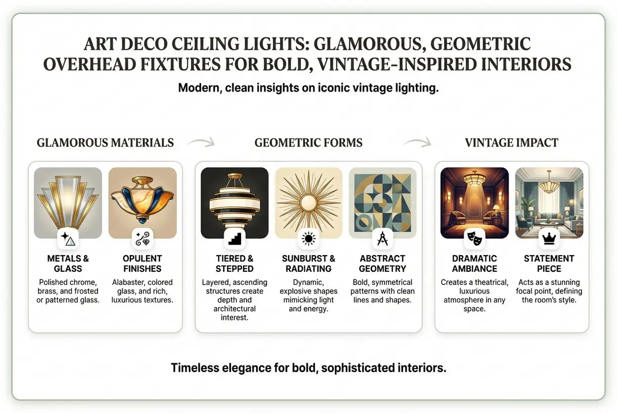 Art Deco Plafondlampen: Glamoureuze, Geometrische Plafondarmaturen voor Gedurfde, Vintage-Geïnspireerde Interieurs - infographic