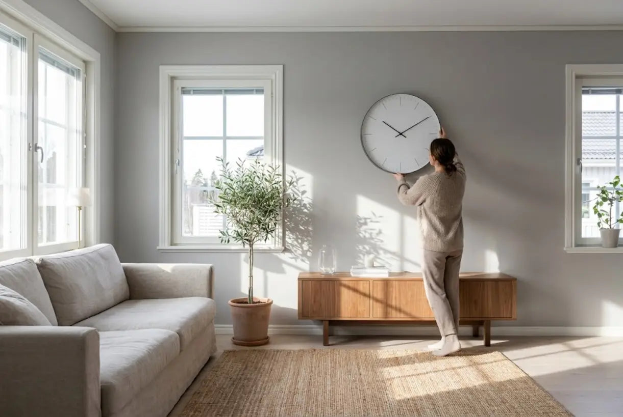 Frau richtet eine minimalistische Wanduhr in einem skandinavischen Wohnzimmer aus