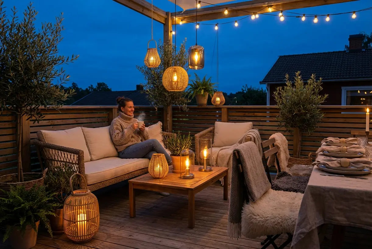 Scandinavische terrastuin met snoerloze, oplaadbare lampen en warm sfeerlicht