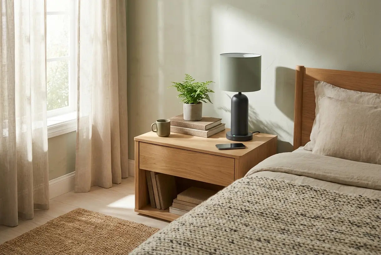Scandinavische slaapkamer met USB-tafellamp die smartphone oplaadt op nachtkastje, modern Noordse interieur