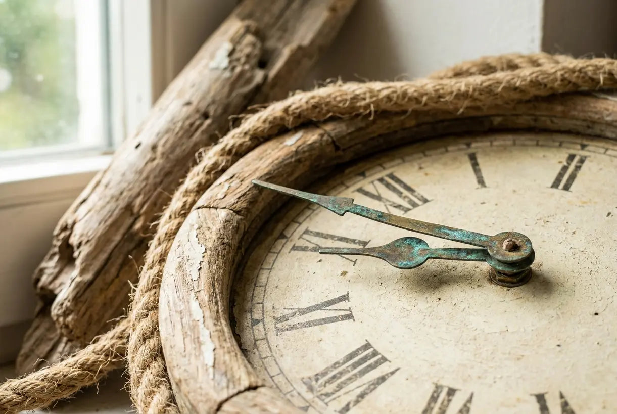 Coastal wall clock detail with weathered hands and rope texture