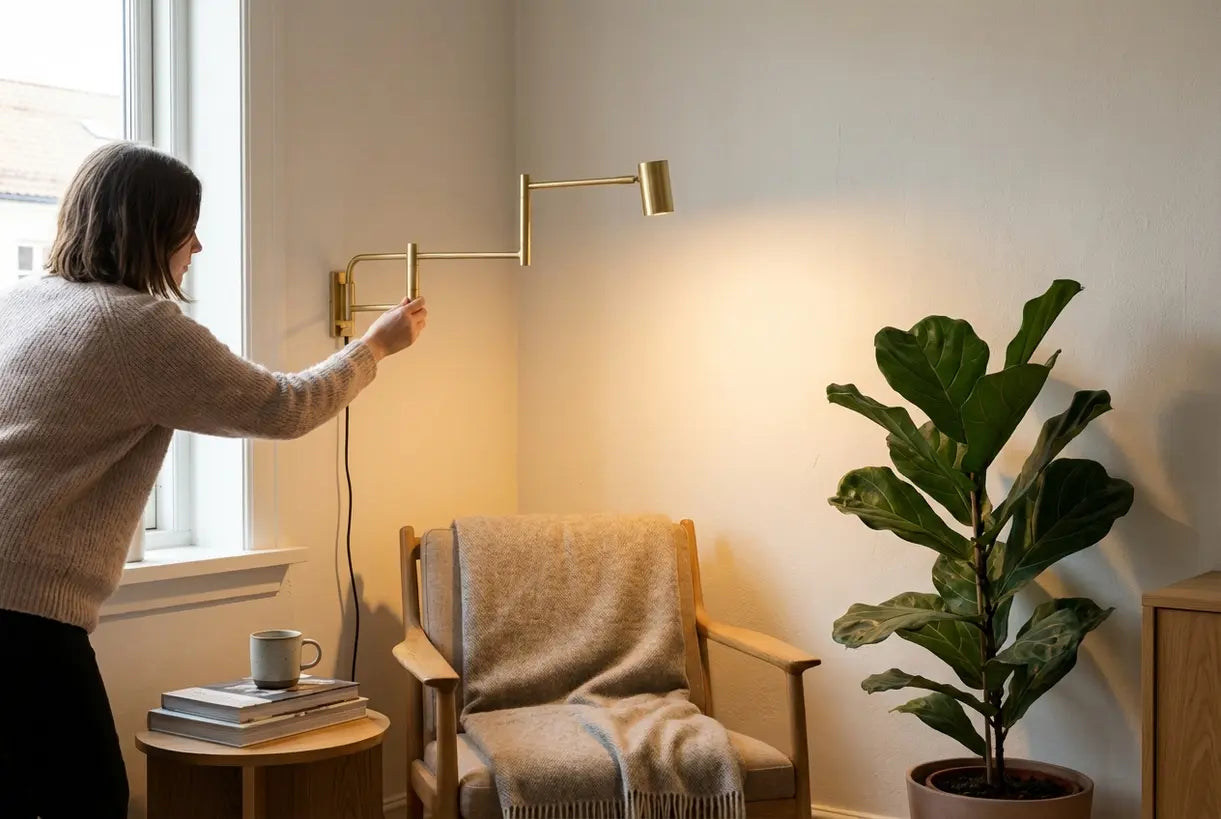 Hoek van een moderne Scandinavische woonkamer waar iemand een wandlamp bijstelt