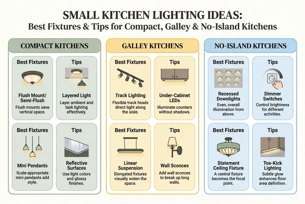Small Kitchen Lighting Ideas: Best Fixtures & Tips for Compact, Galley & No-Island Kitchens - infographic