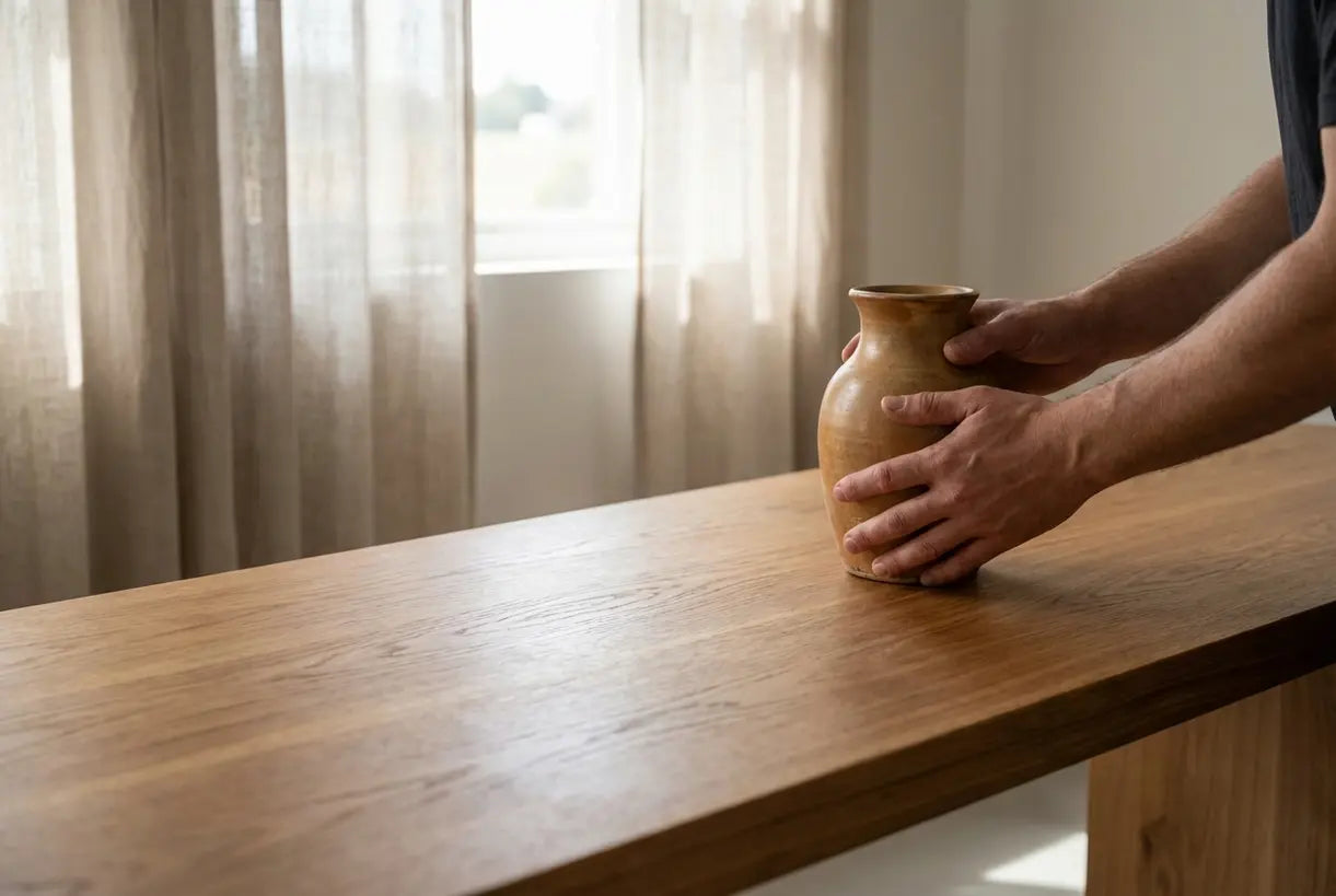 hands touching natural wood grain scandinavian furniture craftsmanship