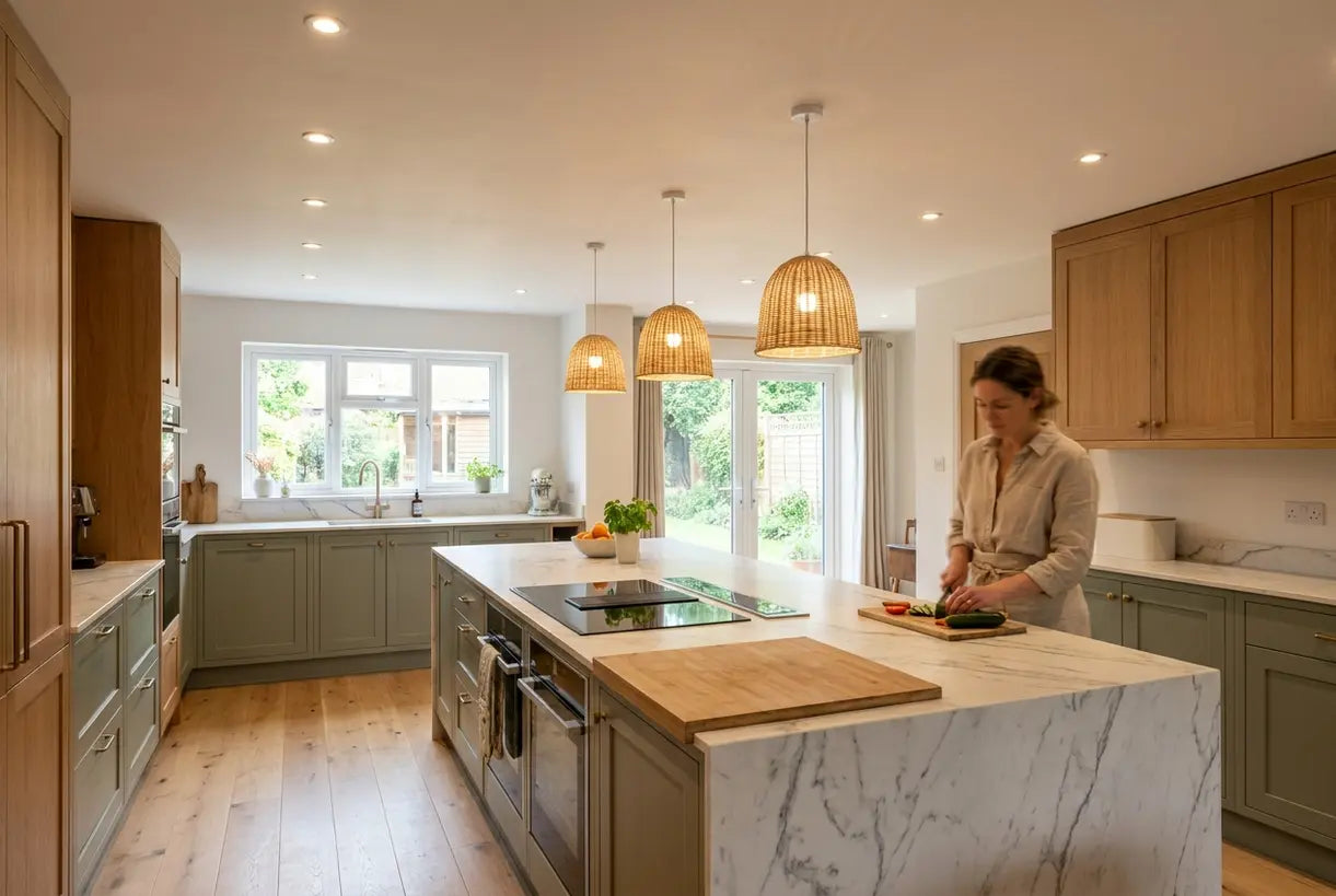 Modern kitchen with recessed lighting layout showing even illumination over island