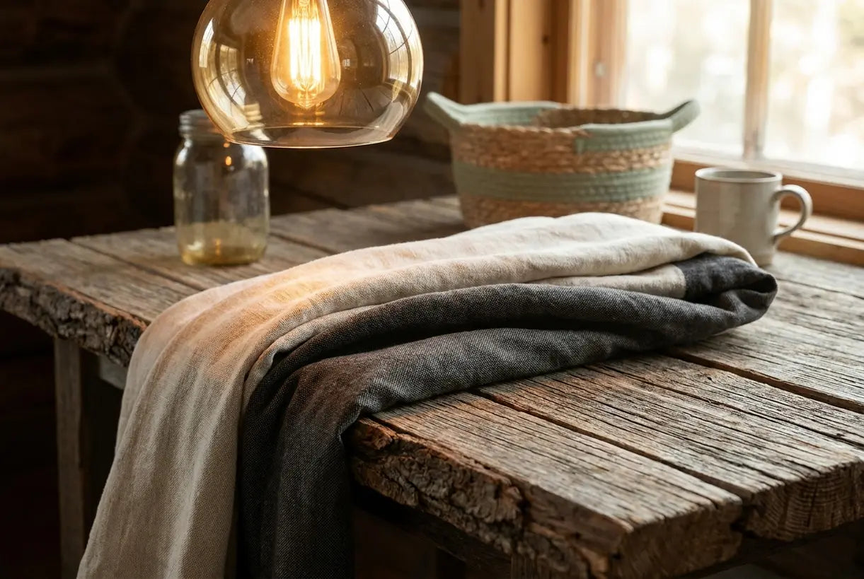 Rustic cabin interior detail showing weathered wood texture, linen fabric, and warm amber glass pendant light