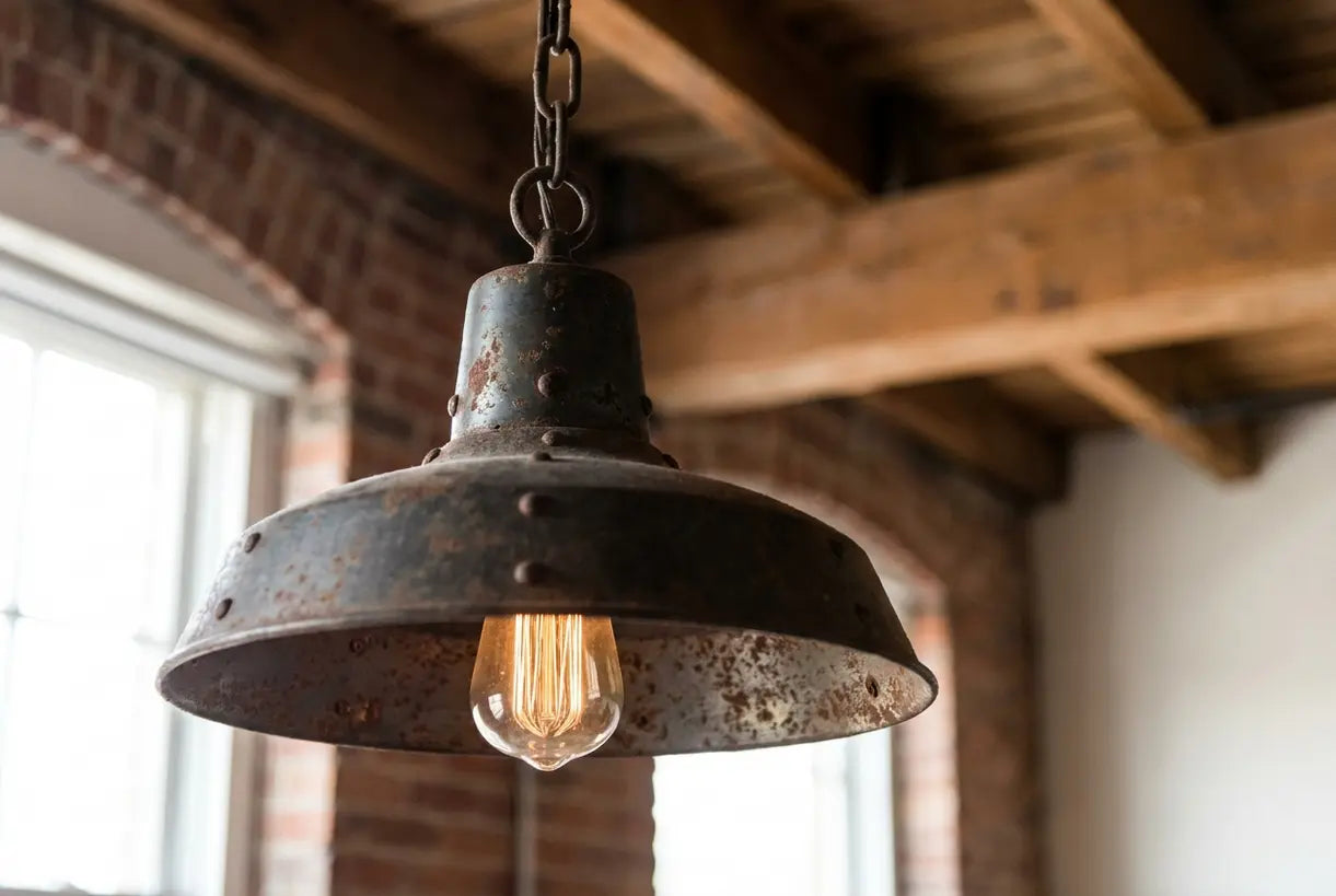 Industrial pendant light with exposed filament bulb and aged metal shade for loft decor