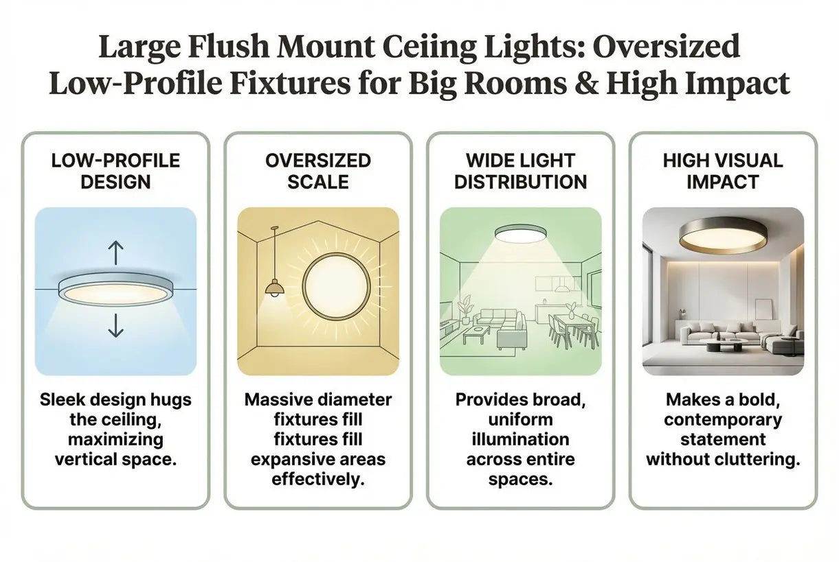 Grote plafondlampen voor vlakke montage: extra grote, lage armaturen voor grote kamers en veel effect - infographic