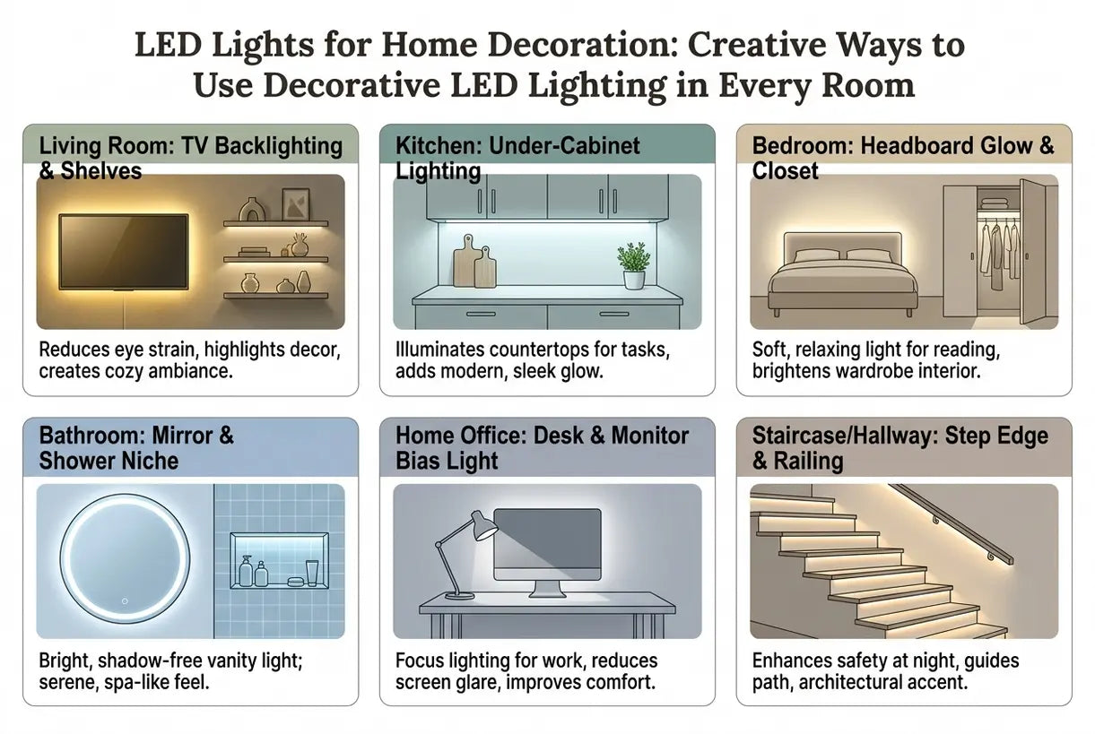LED Lights for Home Decoration: Creative Ways to Use Decorative LED Lighting in Every Room - infographic