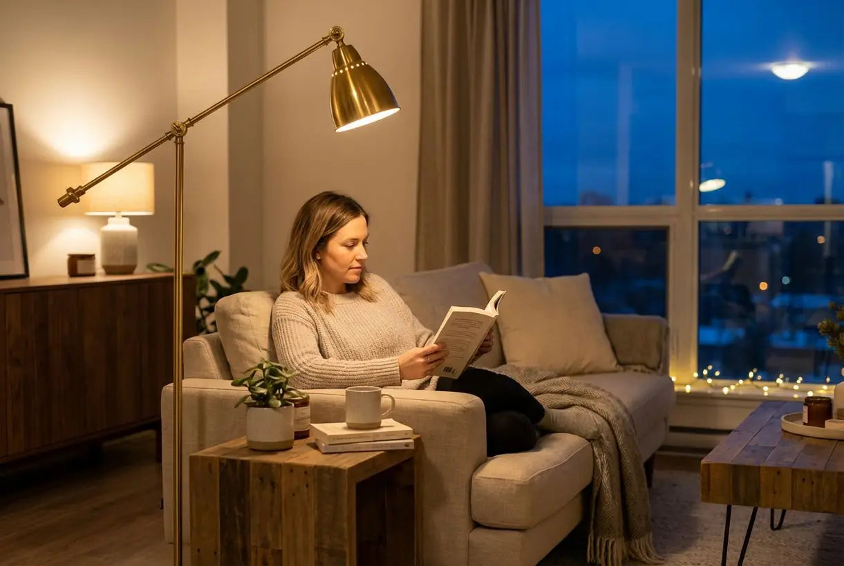 Knusse woonkamer met een gouden vloerlamp die warm sfeerlicht geeft om 's avonds te lezen