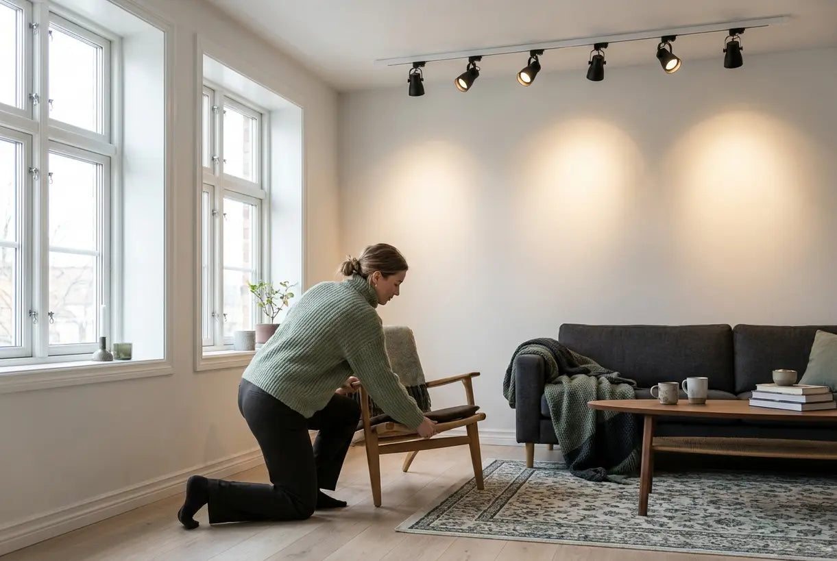 Scandinavian living room interior with modern track lighting system illuminating furniture arrangement