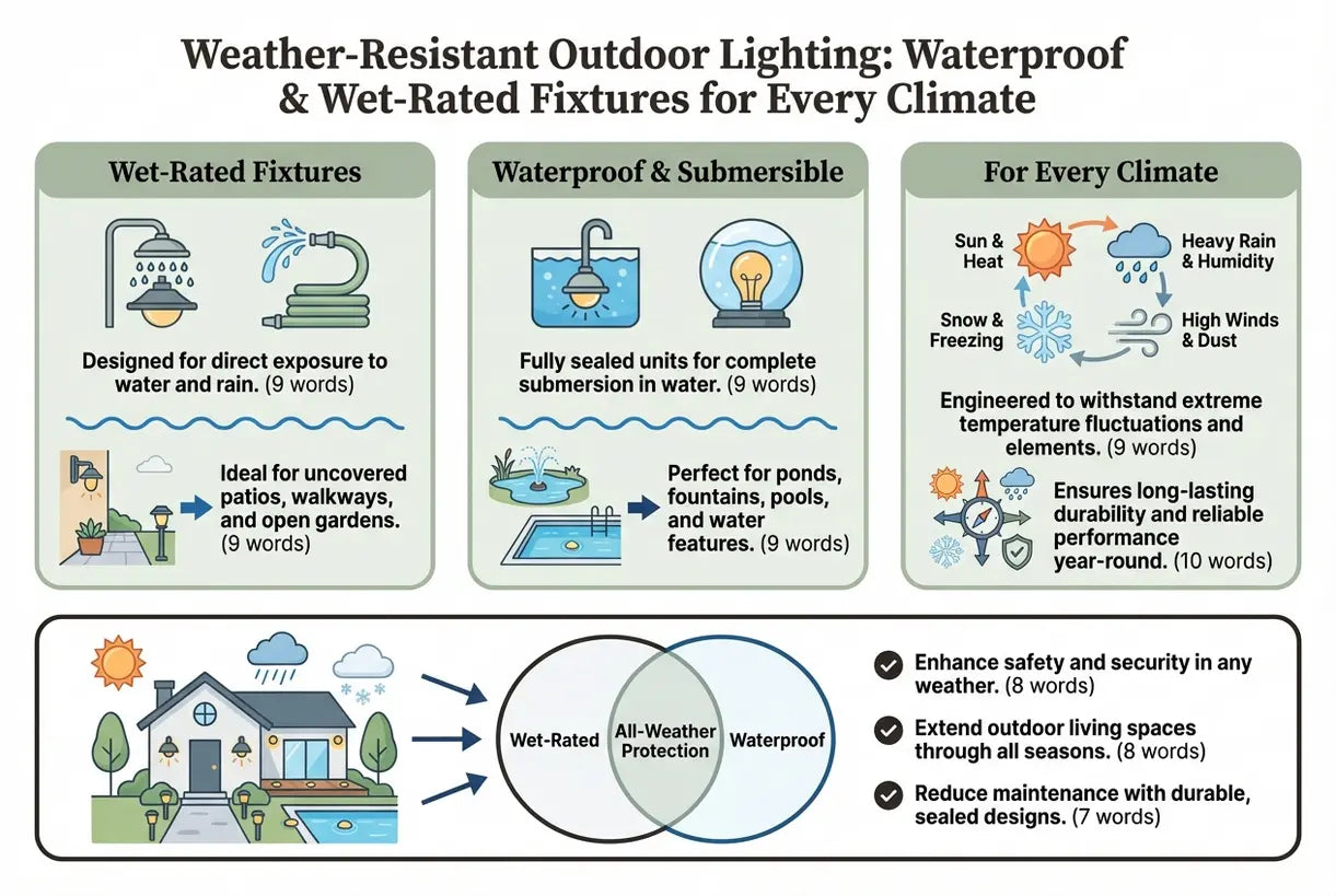 Weerbestendige buitenverlichting: waterdichte & vochtbestendige armaturen voor elk klimaat - infographic