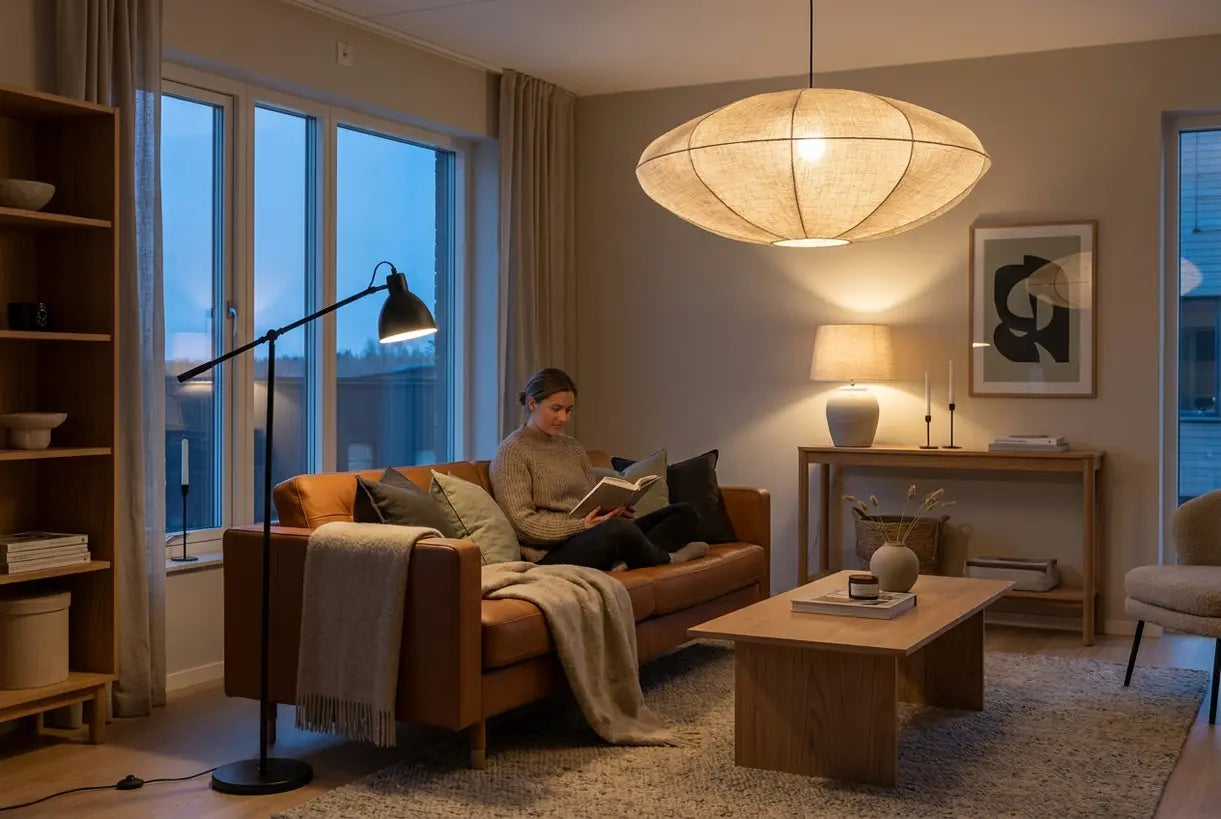 Scandinavian living room with layered lighting design featuring pendant floor and table lamps creating warm ambient glow