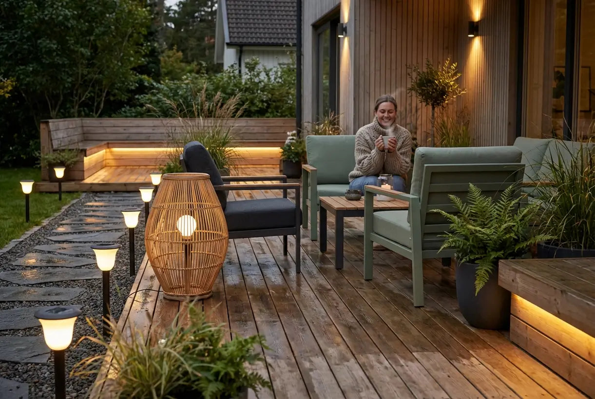 Scandinavische tuinpatio met solar LED-buitenverlichting die een warme avondsfeer creëert