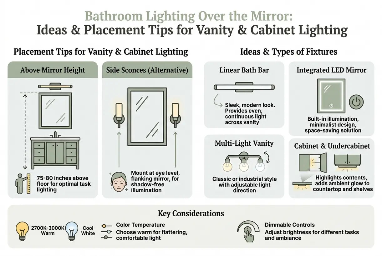 Bathroom Lighting Over the Mirror: Ideas & Placement Tips for Vanity & Cabinet Lighting - infographic