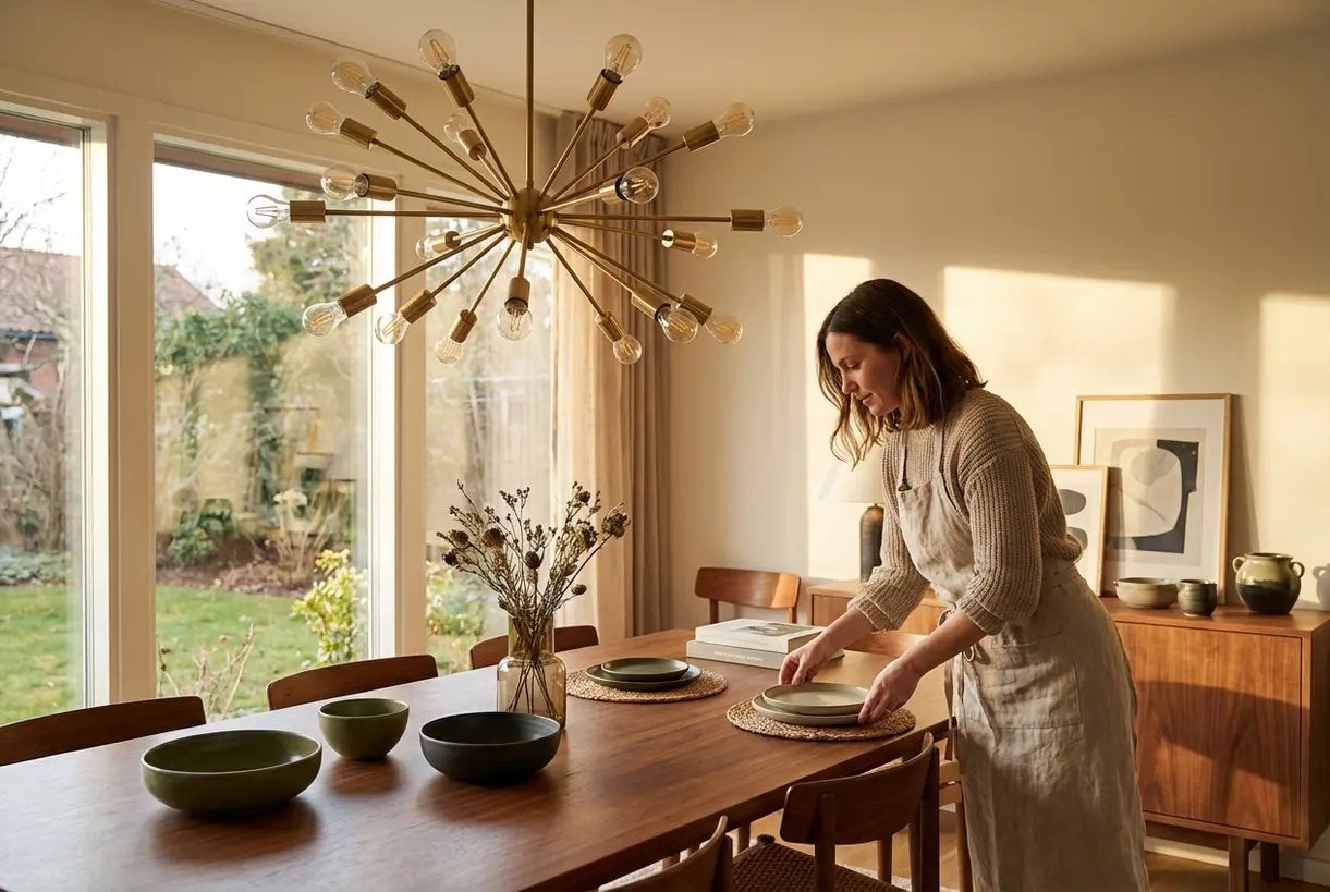 Mid-century eetkamer met Spoetnik-kroonluchter en Scandinavisch interieur