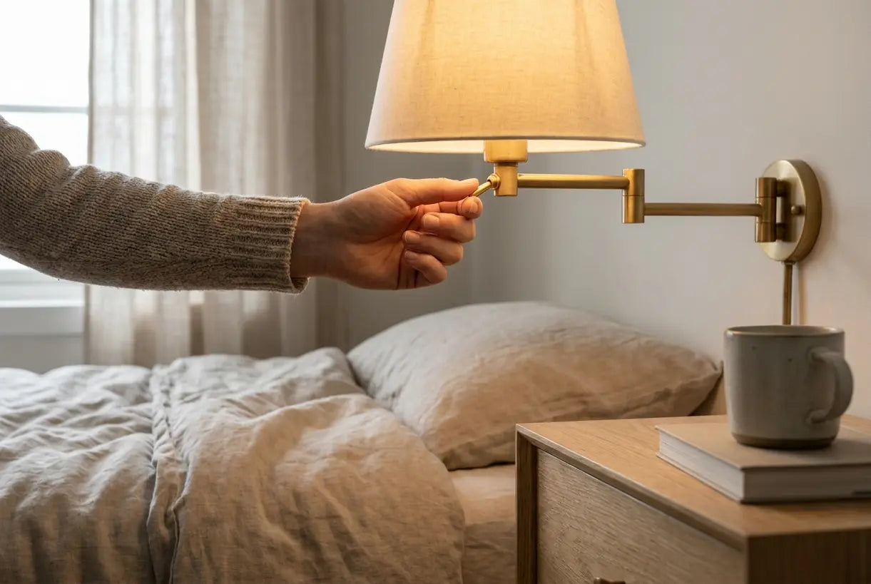 Hand adjusting bedside lamp in Scandinavian bedroom with soft natural light
