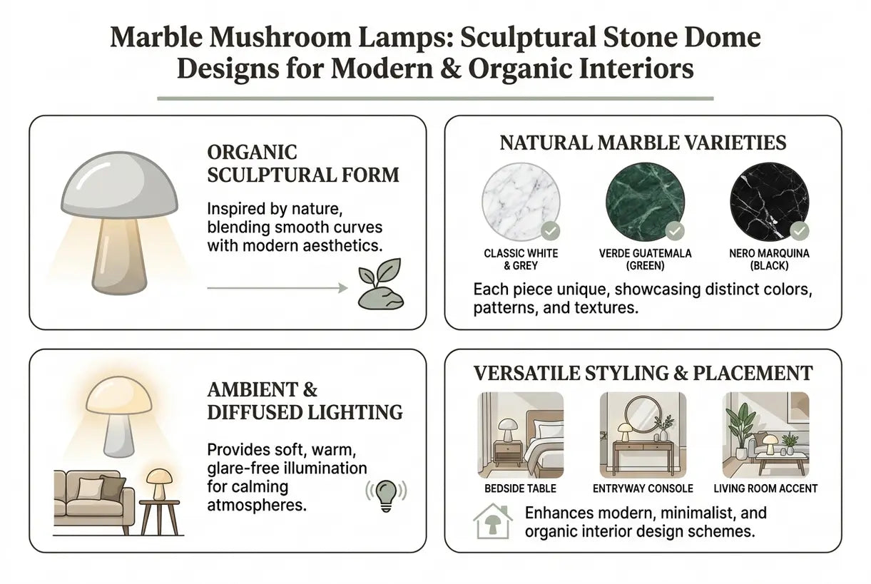 Marmeren Paddenstoellampen: Sculpturale Stenen Koepelontwerpen voor Moderne & Organische Interieurs - infographic