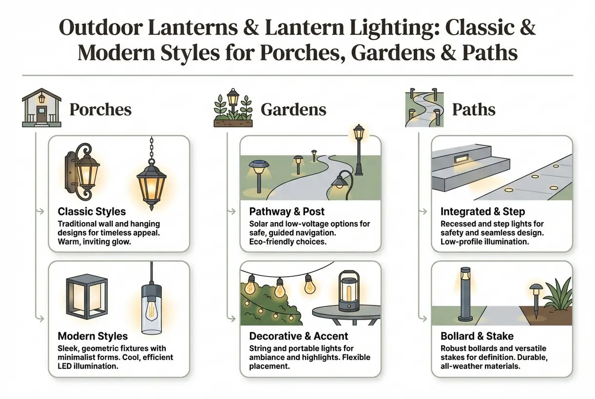 Buitenlantaarns en lantaarnverlichting: klassieke en moderne stijlen voor veranda, tuin en paden - infographic