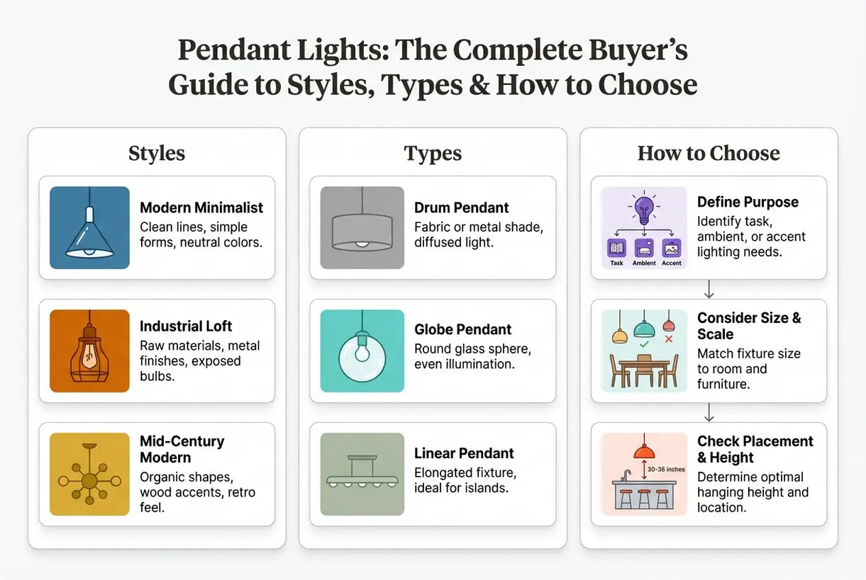 Pendant Lights: The Complete Buyer's Guide to Styles, Types & How to Choose - infographic
