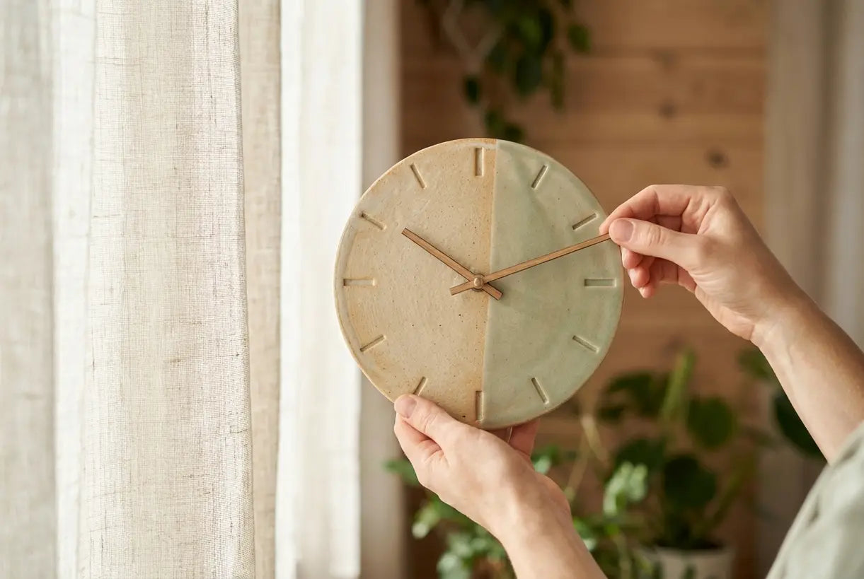 Nahaufnahme der Zeiger einer minimalistischen skandinavischen Keramik-Wanduhr im Tageslicht