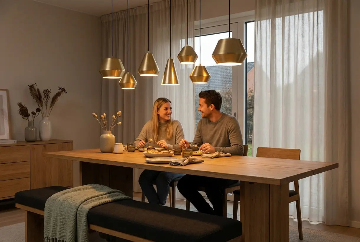 Scandinavian dining room with gold pendant lights casting warm glow over dinner table