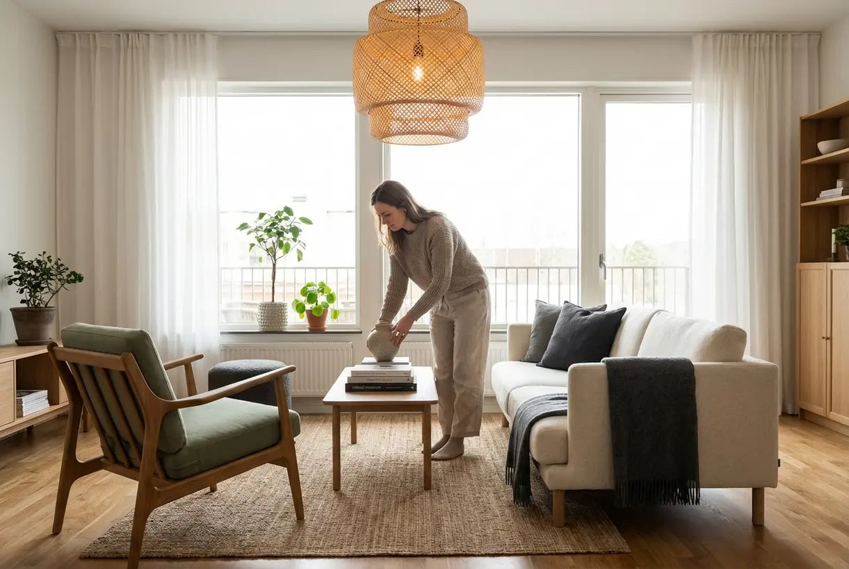 scandinavian living room natural light warm wood furniture hygge