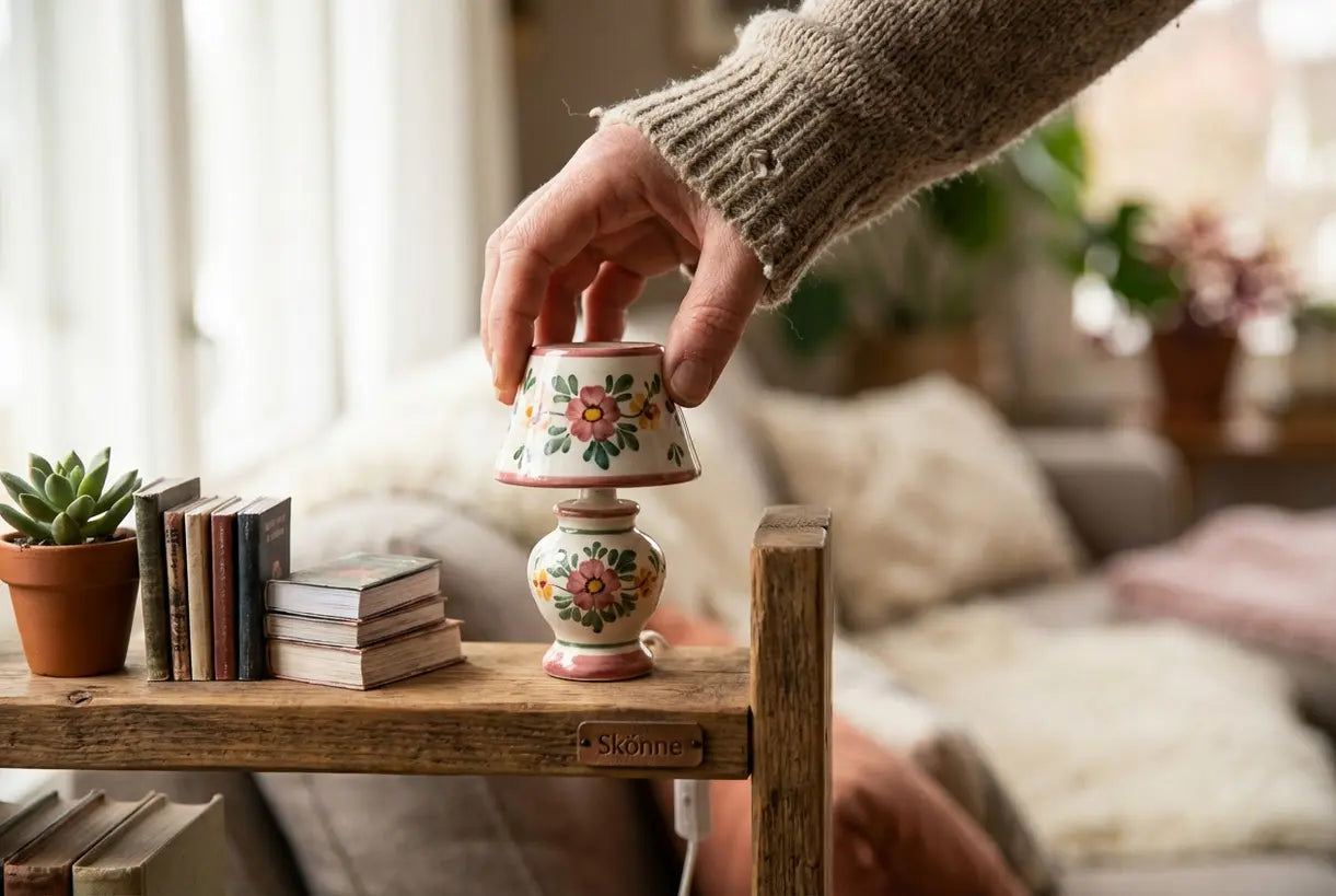 Hand die miniatuur tafellamp aanpast op Scandinavische plankstyling