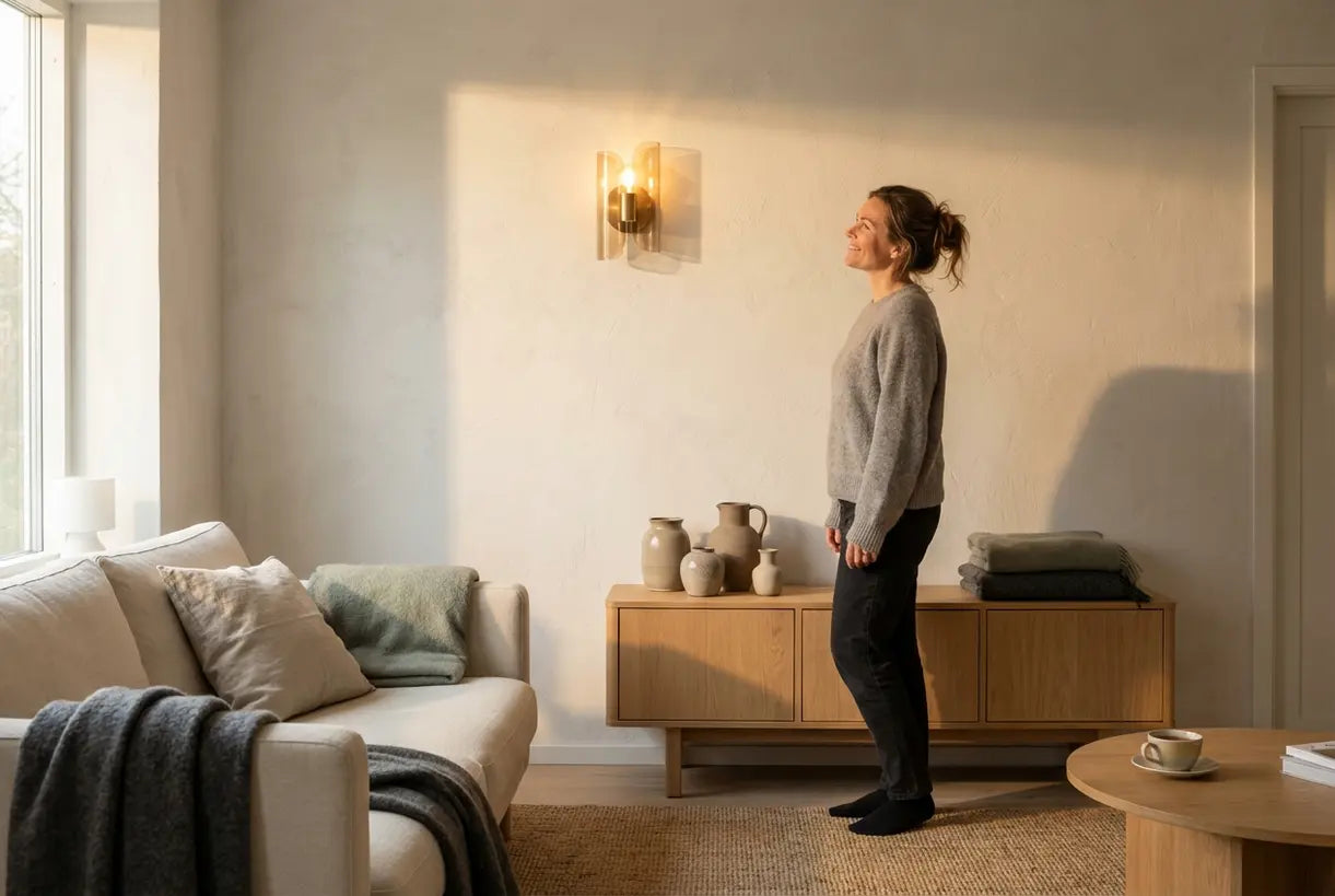Vrouw bewondert decoratieve wandkandelaar in Scandinavisch geïnspireerde woonkamer