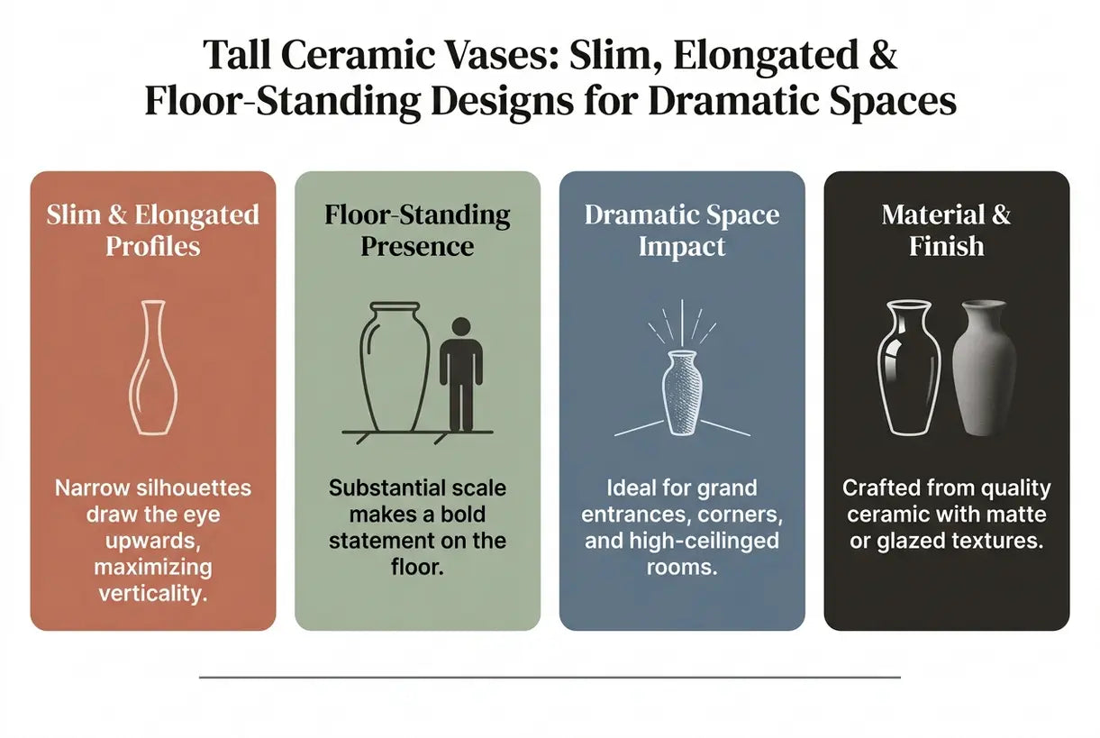 Tall Ceramic Vases: Slim, Elongated & Floor-Standing Designs for Dramatic Spaces - infographic