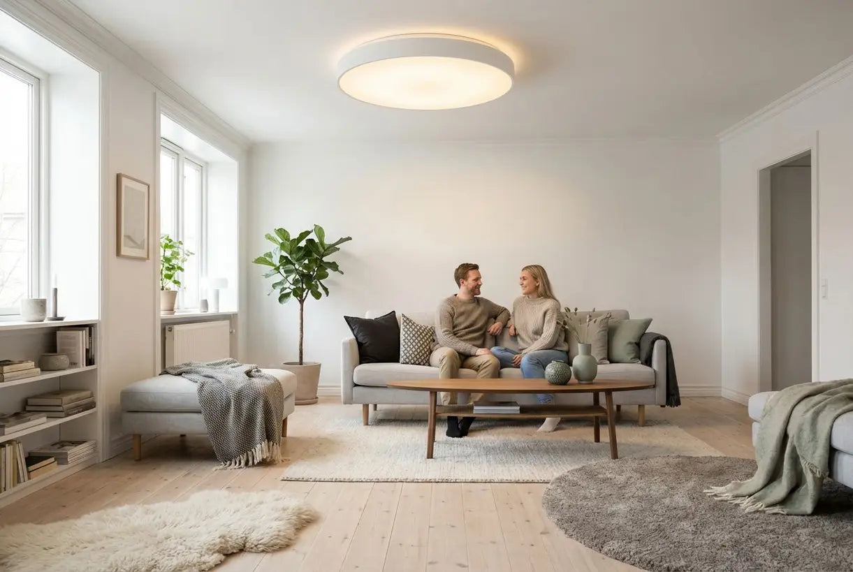 Moderne Scandinavische woonkamer met een extra grote plafondlamp voor vlakke montage die de ruimte verlicht