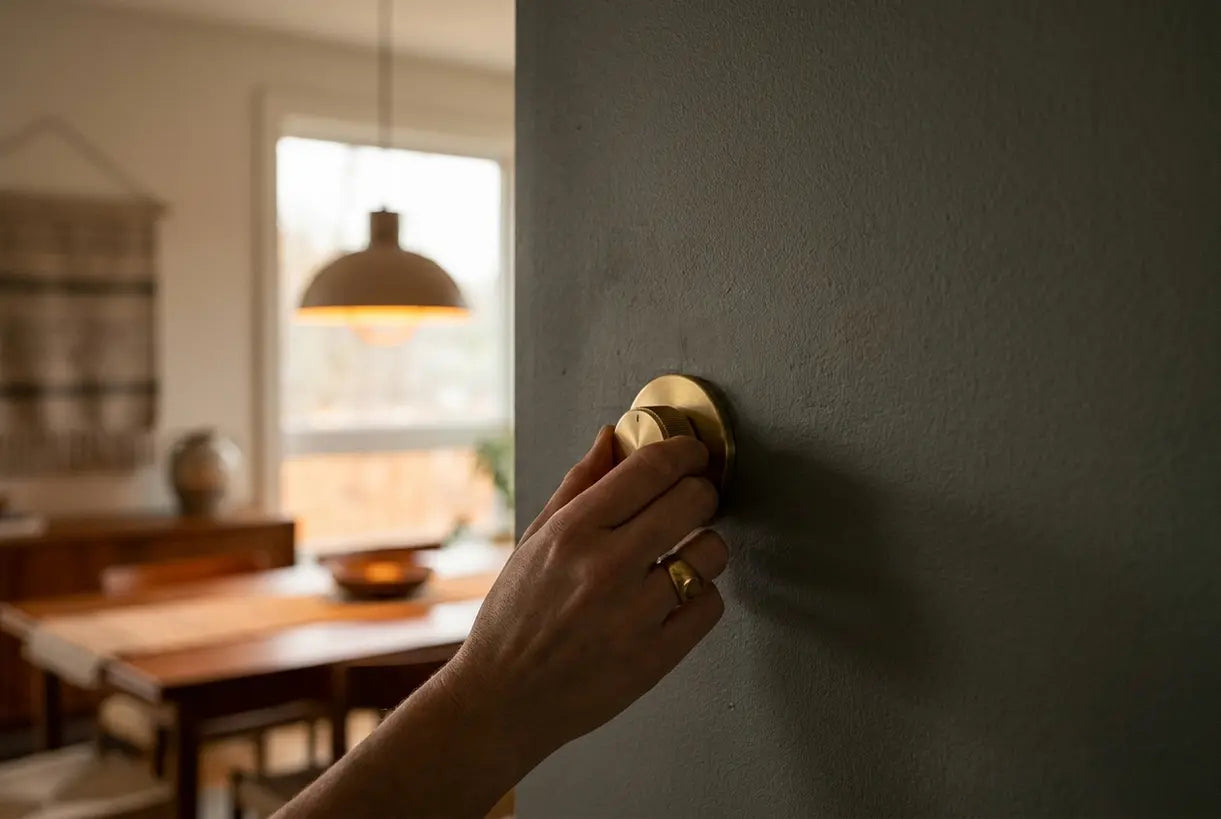 Hand adjusting dimmer switch for dining room lighting control with warm ambient glow