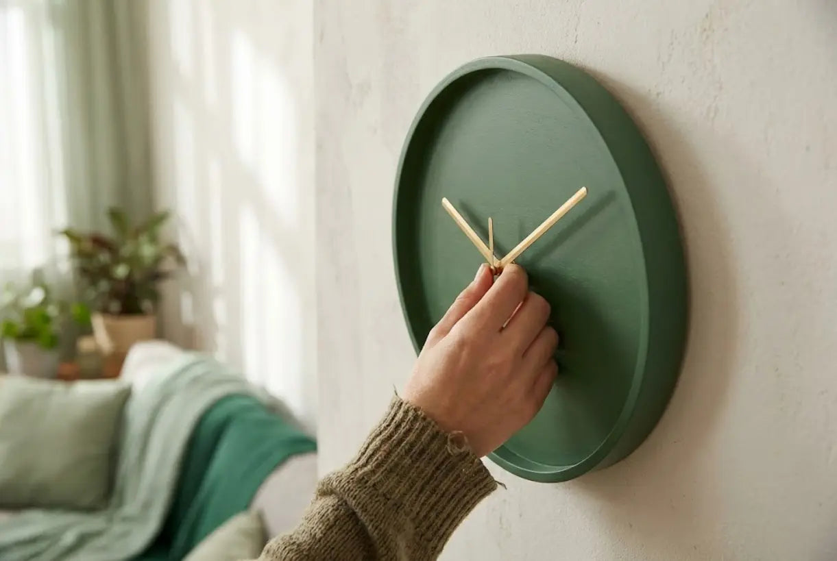 Nahaufnahme einer waldgrünen Wanduhr mit metallischen Zeigern an einer strukturierten Wand
