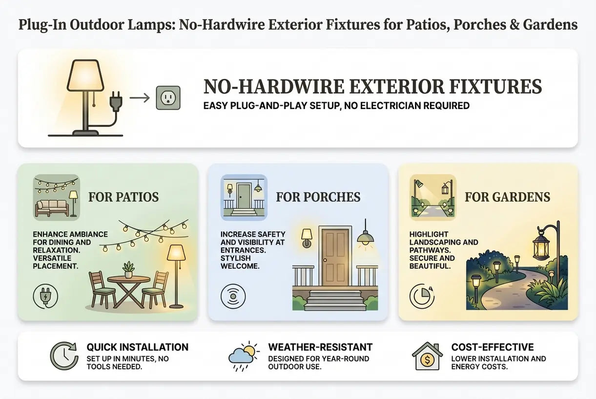 Plug-In Buitenlampen: Externe Armaturen zonder Vaste Bedrading voor Terrassen, Veranda's & Tuinen - infographic