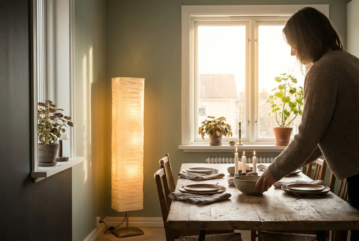Scandinavische eetkamer met vloerlamp die warme sfeerverlichting creëert boven de eettafel